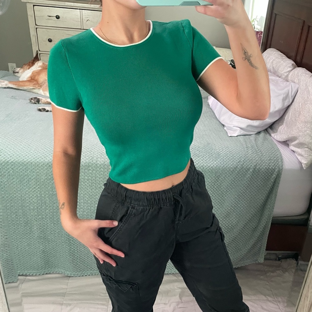 Primark green short sleeve top with white detail
